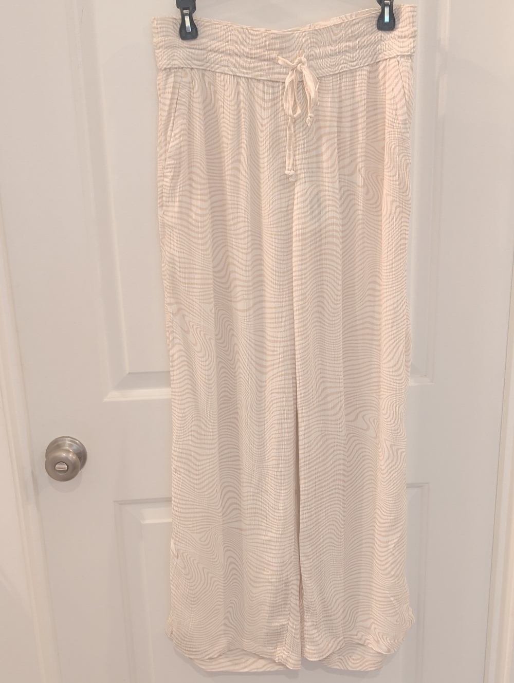 prAna Women's Fernie Beach Pants in a soft white and beige wavy abstract print